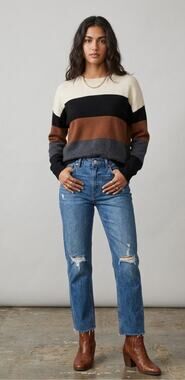 NWT French Connection Colorblock Crewneck Sweater M Quiet Luxury Dark Academia